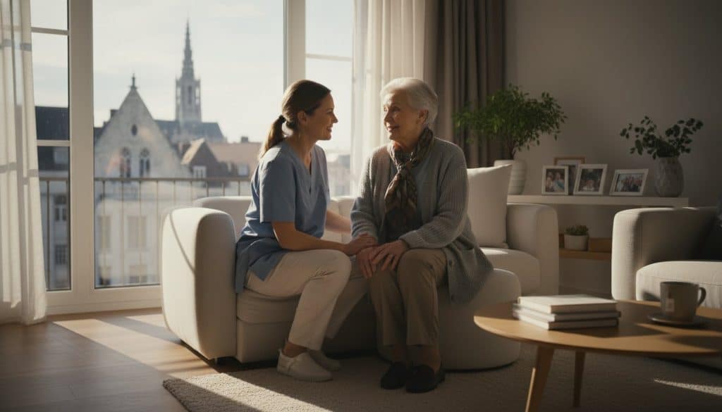Zorgverlener zit samen op de bank met een oudere mevrouw te praten en kijken elkaar in de ogen aan.