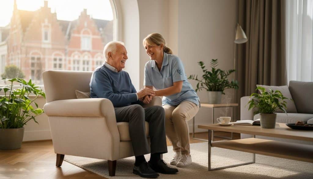 vrouwelijk zorgverlener houdt hand vast van oudere meneer en ze lachen samen