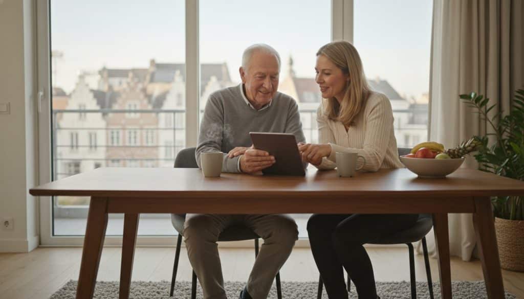 Dochter en haar oudere vader zitten aan de eettafel samen naar een ipad te kijken