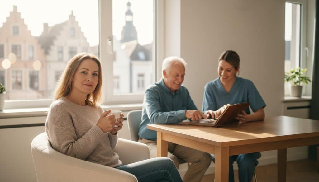 Vrouw drinkt warme thee, terwijl haar oudere vader samen met zijn zorgverlener aan tafel zitten naar oude foto's te kijken