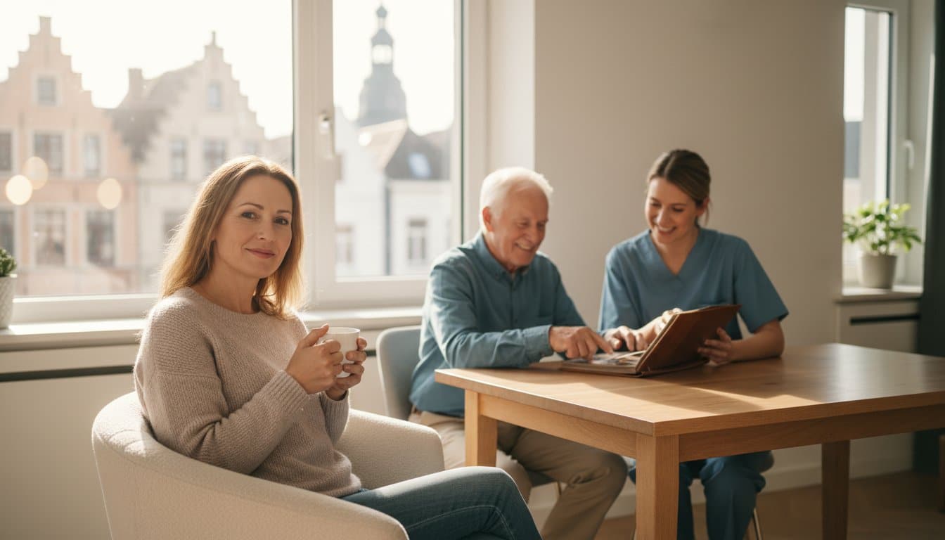 Vrouw drinkt warme thee, terwijl haar oudere vader samen met zijn zorgverlener aan tafel zitten naar oude foto's te kijken